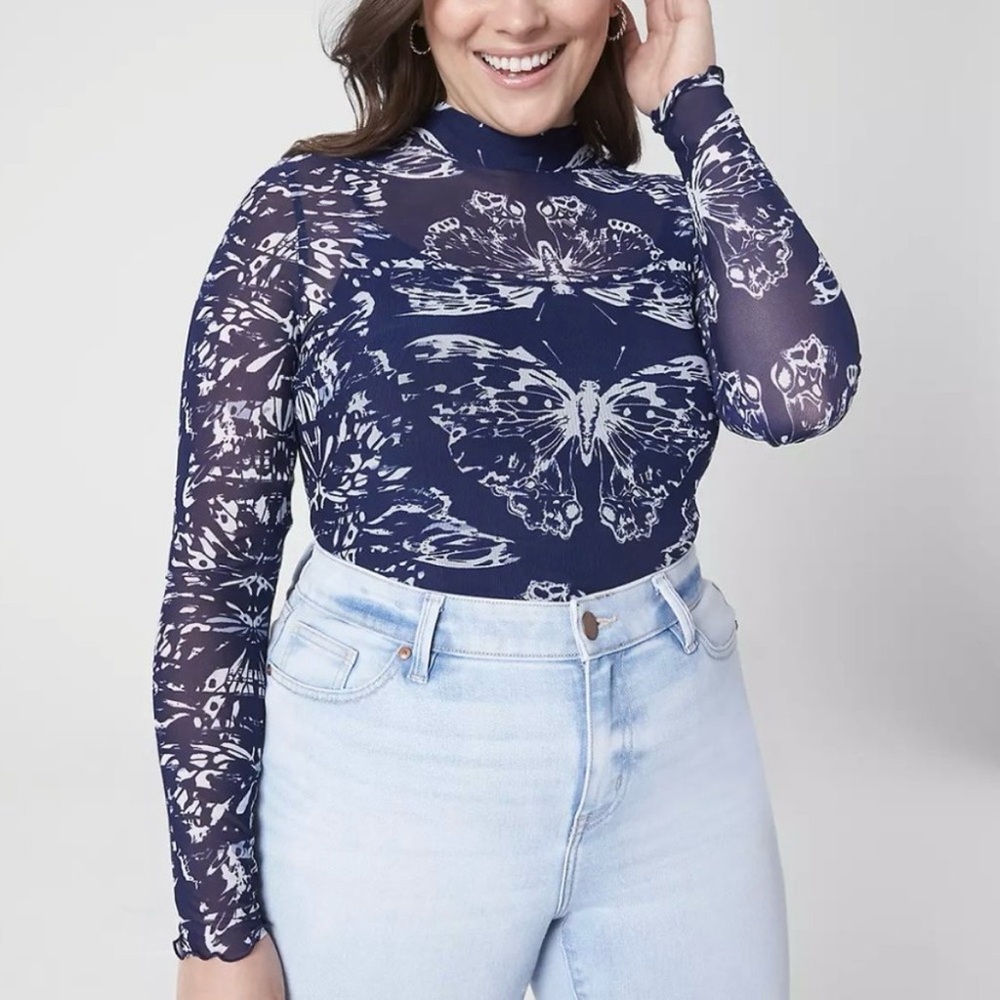 Lane Bryant Mesh Top Butterfly Print Mock Neck Sheer Navy 22/24 Y2K